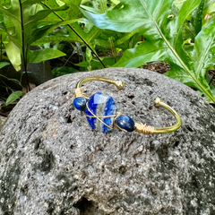 Lapis Gemstone (Three Stone) Gold Bangle Cuff Bracelet