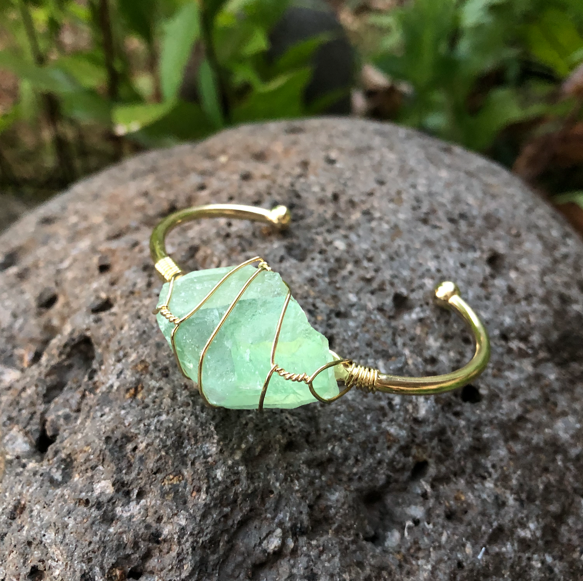 Green Fluorite Rough Gemstone Gold Bangle Cuff Bracelet  ~ "Energy, Health, & Healing"