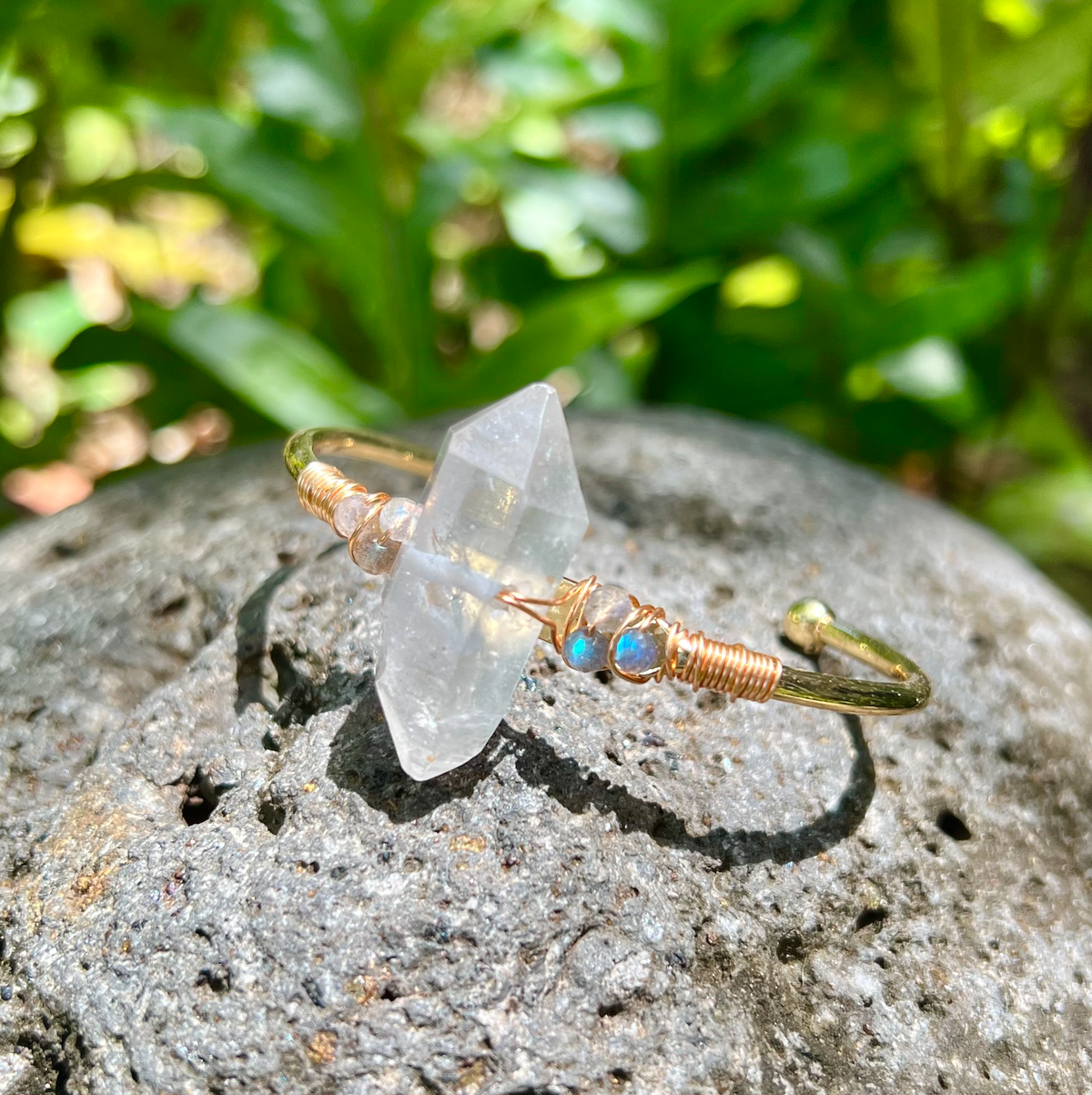 Herkimer Diamond Quartz Rough Gold Bangle Cuff Bracelet