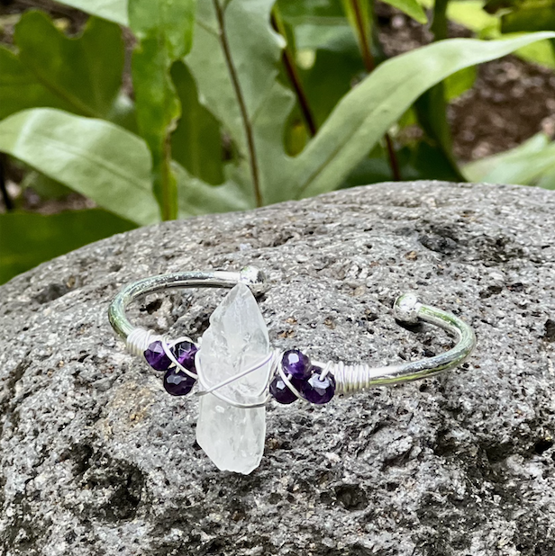 Crystal Quartz & Amethyst Gemstone Silver Bangle Cuff