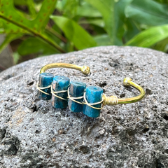 Blue Apatite Four Stone Gold Bangle Cuff Bracelet