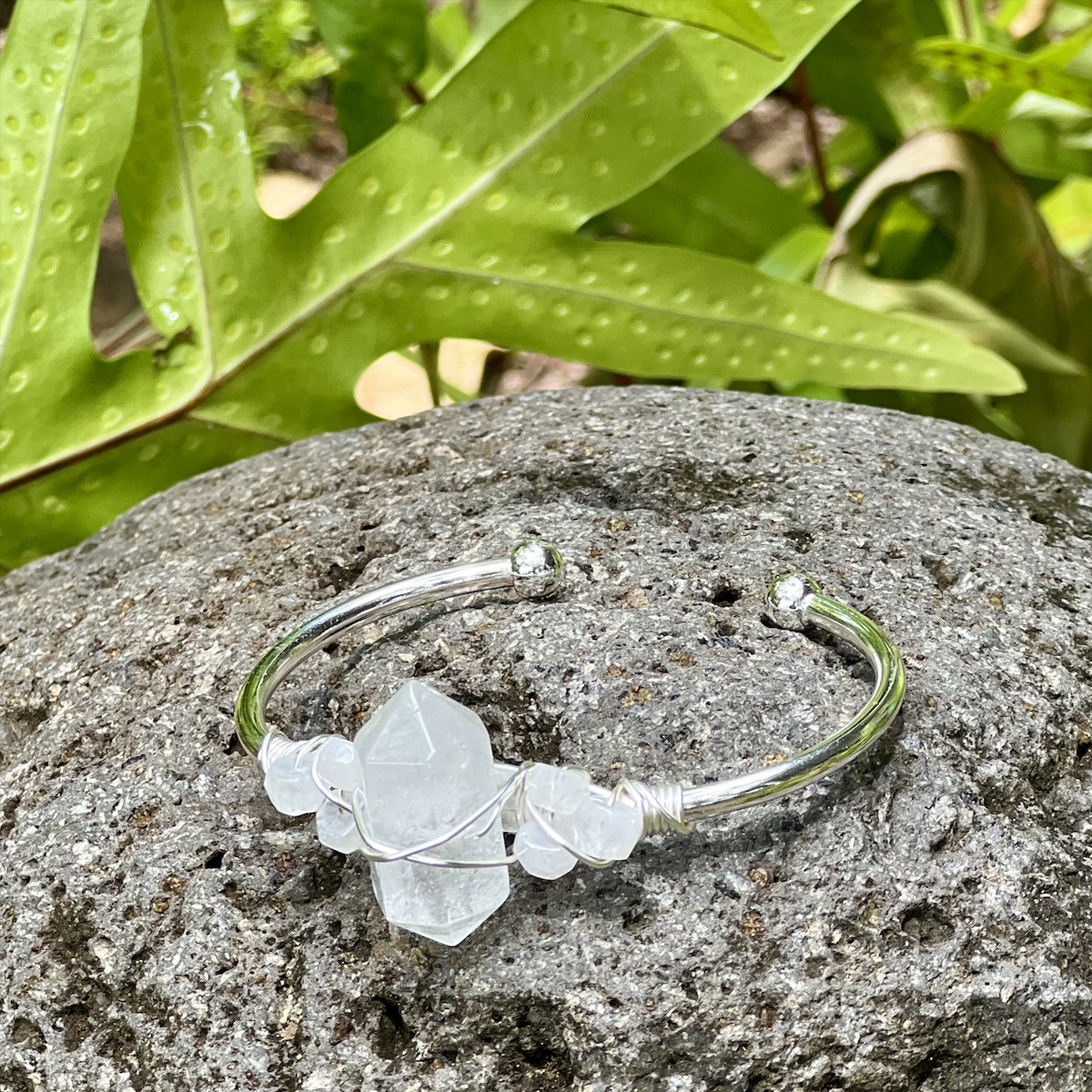 Clear Crystal Quartz Gemstone Silver Bangle Cuff Bracelet