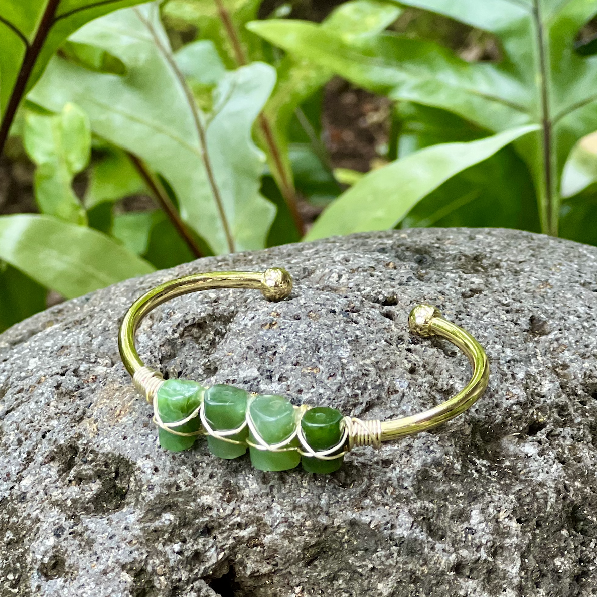 Green Jade Gemstone Gold Bangle Cuff